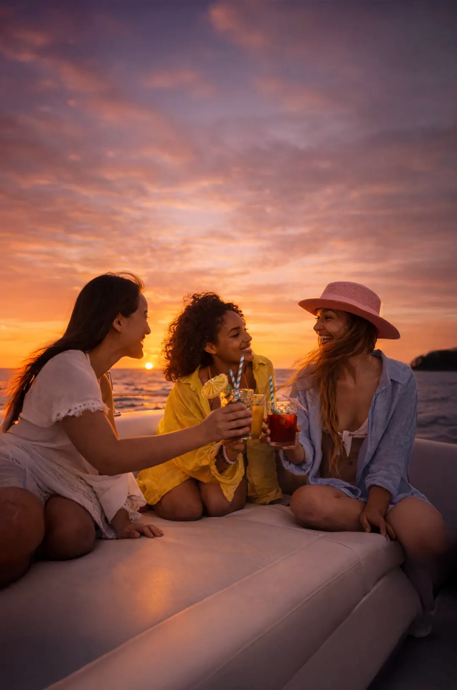 Friends enjoying sunset drinks on a Cabo cruise with ocean views