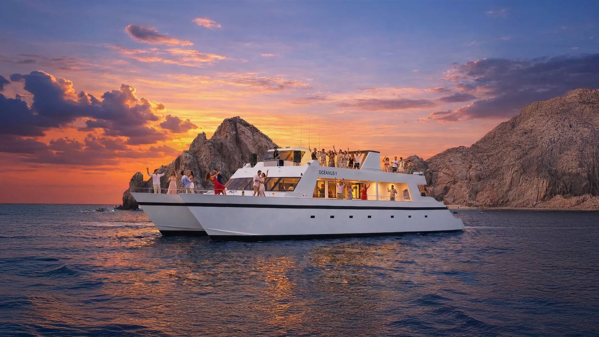 Sunset party cruise in Cabo San Lucas aboard Oceanus with Arch views, music, drinks, and dancing at sea