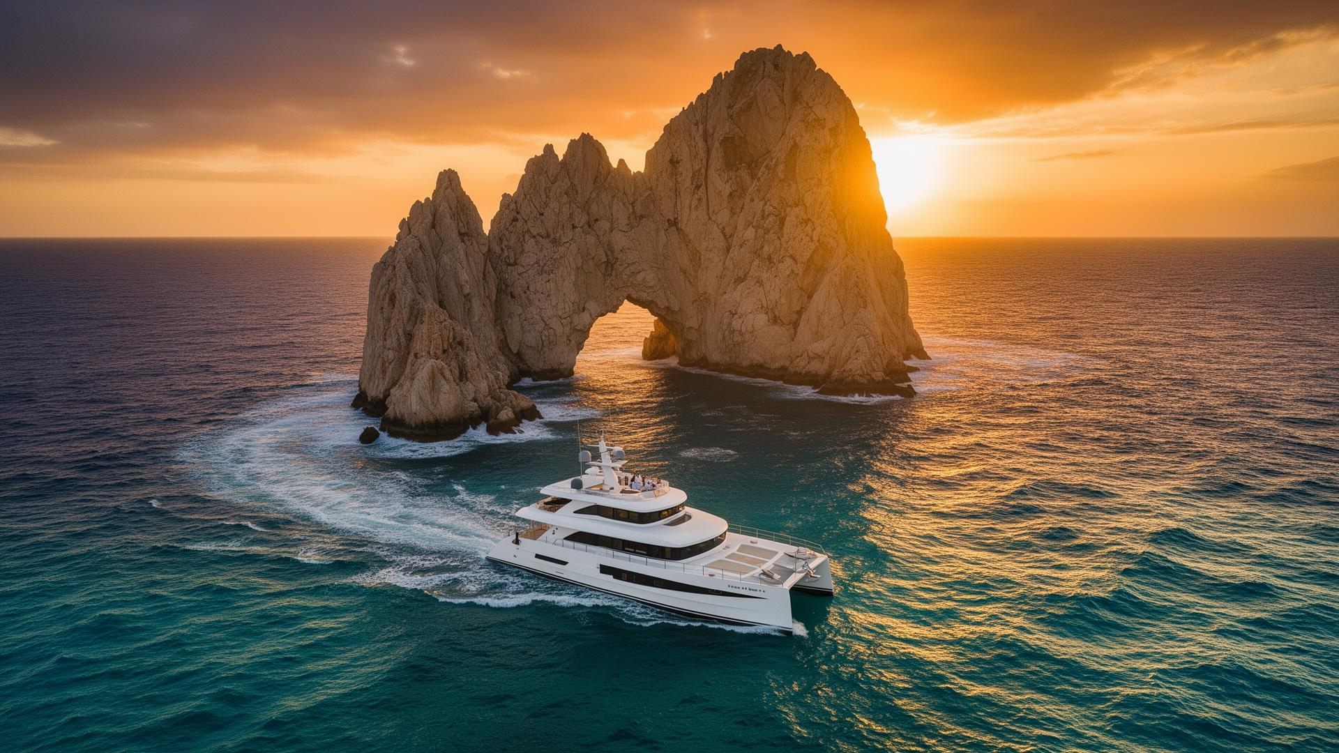 Luxury catamaran sailing past El Arco in Cabo San Lucas at sunset